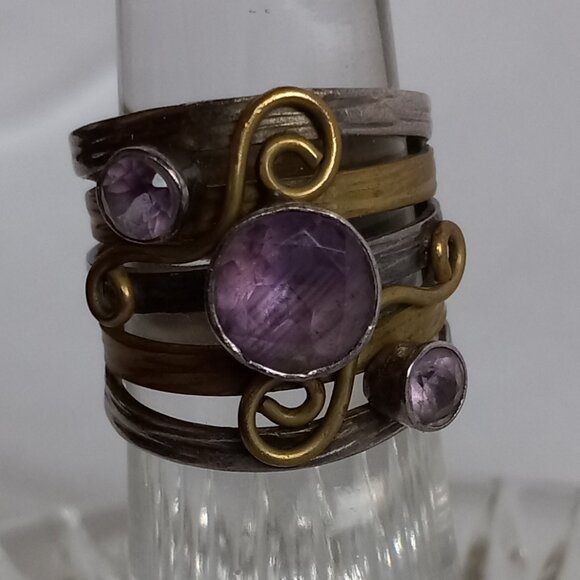 Handmade Silver & Bronze Amethyst Multi-Band Ring - Picture 5 of 8
